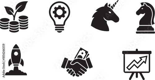 Business strategy icons including growth investment handshake chess pieces lightbulb rocket