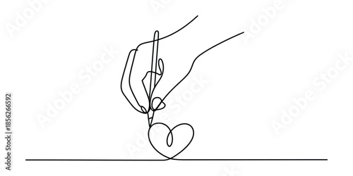 Elegant continuous line art of a hand holding a pen and drawing a delicate heart shape