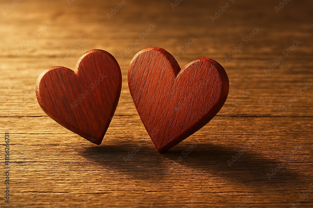 Fototapeta premium Two wooden hearts standing together on a rustic timber surface bathed in warm, gentle light