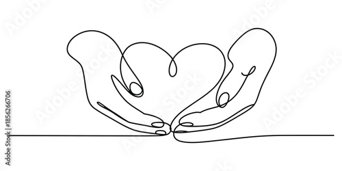 Continuous line art of two hands gently holding a heart, symbolizing love and care