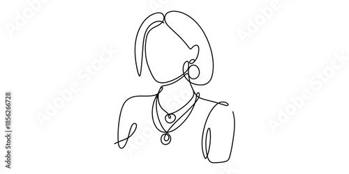 Elegant continuous line art drawing of a woman adorned with stylish layered necklaces and an earring