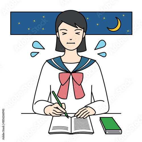 Tired schoolgirl studying hard late at night in classroom