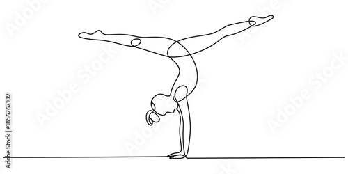 Continuous line drawing of a gymnast performing an elegant handstand split with extended legs
