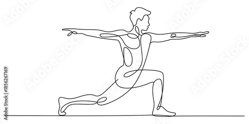 A continuous line art drawing of a man performing a warrior yoga pose for fitness
