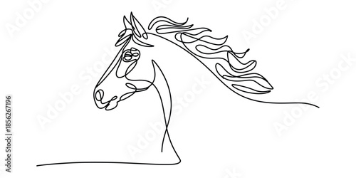 Elegant one line drawing of a horse head with flowing mane on a white background