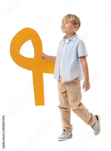Cute boy with big yellow ribbon on white background. Childhood cancer awarene...
