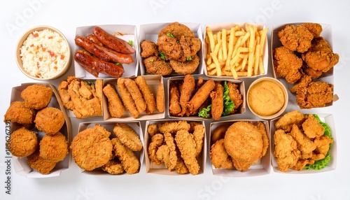 Fried chicken, nuggets, patties, sausages, fries, and coleslaw, neatly arranged in takeaway boxes for a convenient meal
