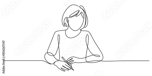 Continuous line art of a person sitting at a desk writing with a pen