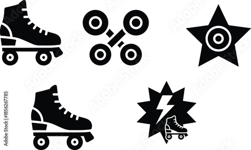 Roller skate icon set in black and white for skating design with star element on transparent.