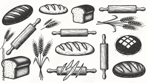 Bakery Tools and Bread Sketch Style Vector