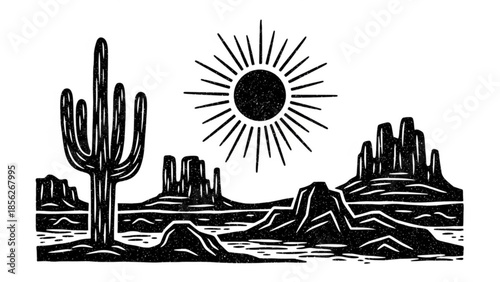 Desert Landscape with Cactus and Sun Vector Illustration
