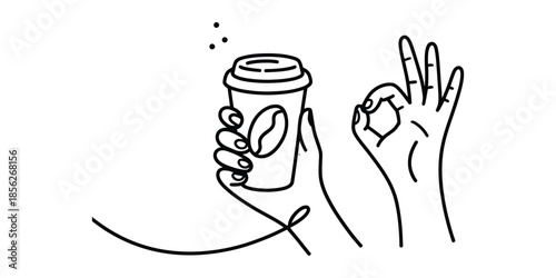 Minimalist line art illustration showing a hand holding a coffee cup and an 'ok' gesture