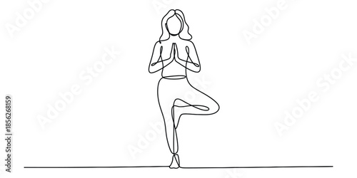 Continuous line art drawing of a woman in yoga tree pose for balance and meditation