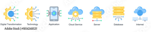 Digital Systems banner icon vector illustrating digital transformation through applications, cloud services, servers, databases, and internet technology