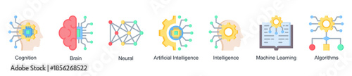 Artificial Mind web banner icon illustration featuring cognition, brain, neural networks, artificial intelligence, intelligence, machine learning, and algorithms