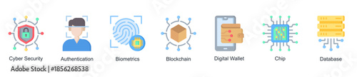 Cyber Security web banner icon vector emphasizing authentication, biometrics, blockchain security, secure databases, and digital transactions