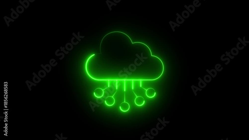 Neon Glowing Cloud Network Icon Animation on Black Background, Looping Data Connection, Cloud Computing, Server Infrastructure, Internet Technology, Digital UI UX Symbol