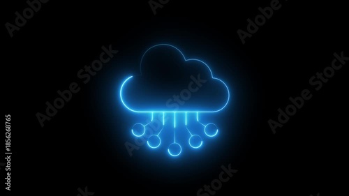 Neon Glowing Cloud Network Icon Animation on Black Background, Looping Data Connection, Cloud Computing, Server Infrastructure, Internet Technology, Digital UI UX Symbol