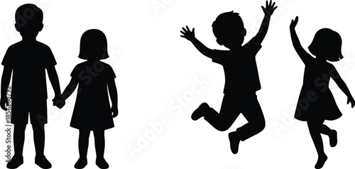 Children silhouettes set showing holding hands and jumping poses, happy kids playful activity concept, childhood joy moments isolated on white background