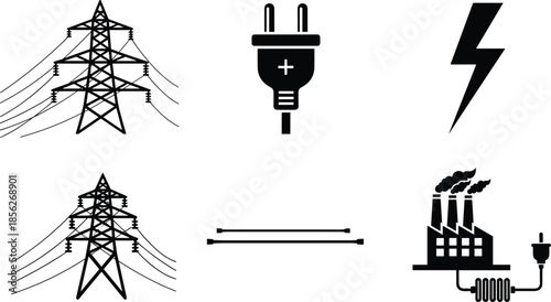 Electric power and energy icon set with transmission towers plug lightning factory symbols isolated illustration design
