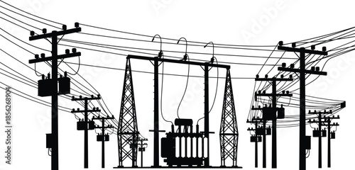 Electric power distribution network with transformers, utility poles, transmission lines, and substation infrastructure silhouette isolated on white background