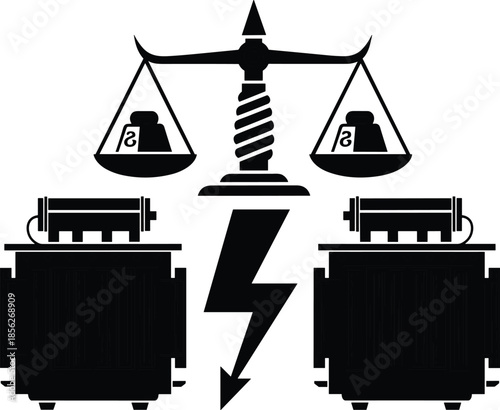 Electric power balance concept illustration, justice scale over transformers with lightning symbol, electricity cost and energy distribution comparison isolated on white background