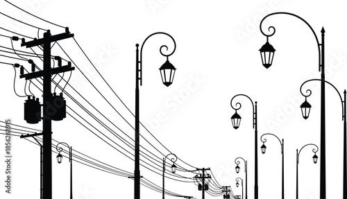 Electric power distribution poles and street lamps silhouette with overhead cables forming urban infrastructure scene isolated on white background
