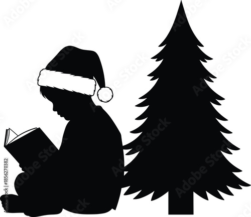 Child reading book silhouette, Christmas winter illustration, festive holiday learning concept, Santa hat kid, minimal black design