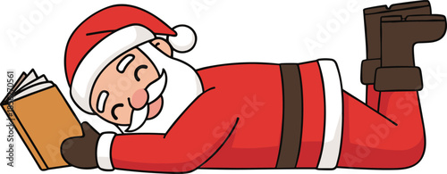 Santa Claus lying down reading book, Christmas cartoon illustration, cozy holiday education concept, winter storytelling character, cute flat design