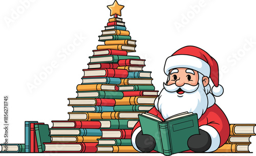 Santa Claus reading book, Christmas book tree illustration, holiday education concept, festive learning scene, cute cartoon character