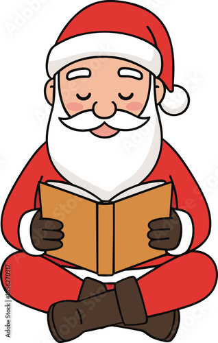 Santa Claus sitting cross legged reading book, Christmas cartoon illustration, festive holiday education concept, winter learning character, flat design