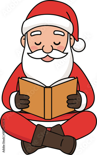 Santa Claus sitting reading book, Christmas cartoon illustration, festive holiday education concept, winter learning character, flat cute design