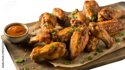 Delicious Chicken Wings with Sauce on Wooden Board