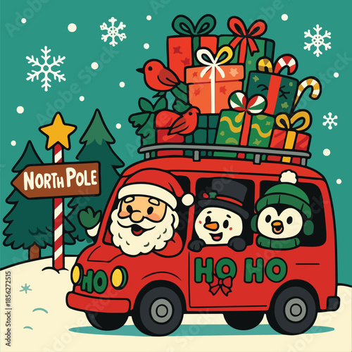 A funny cartoon illustration of Santa Claus as a driver in a red vehicle transport service delivering gifts and a Christmas tree on a travel road trip