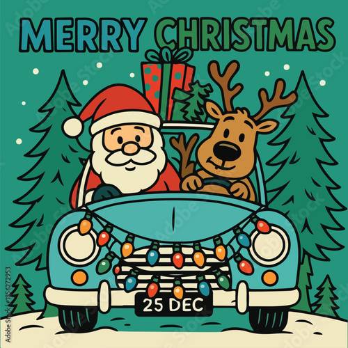 Funny cartoon vector illustration of a cute Santa Claus driving a car, riding a bike, and a reindeer for a merry Christmas and happy New Year holiday greeting card design