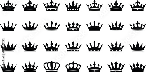 Solid Vector Icon Set Representing Crowns Royal Excellence Premium Rewards Leadership Authority Success Status and High Quality Branding Concepts