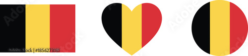 Vector Icon Set Featuring the National Flag of Belgium in Rectangular Heart and Circular Shapes for International Identity Concepts