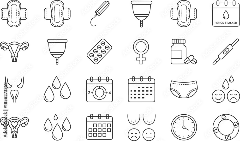 Fototapeta premium Outline Vector Icon Set Representing Menstrual Health Period Tracking Reproductive Wellness Feminine Hygiene Products and Women's Healthcare Progress Concepts