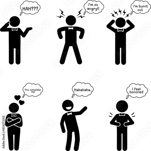 Man Silhouette Collection with Thought Bubbles for Anger, Love, and Stress