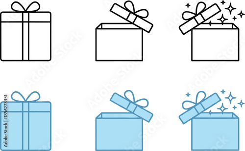 Outline Vector Icon Set Representing Gift Boxes Birthday Surprises Special Occasion Presents Reward Incentives and Celebration Package Unboxing Concepts