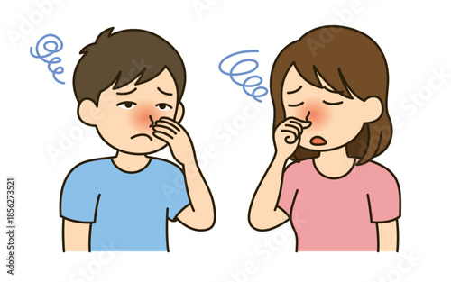鼻づまりでつらそうな男女のイラスト｜花粉症・風邪・体調不良