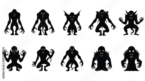 Collection of black silhouettes of various monster characters