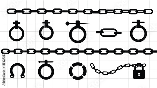 Collection of chain and lock icons in black and white