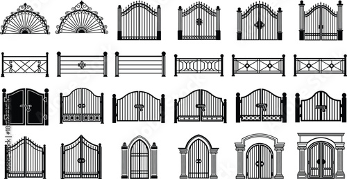 Decorative gate and fence silhouette collection, classic wrought iron and metal entrance designs, architectural garden barriers, vintage security elements, detailed black vector illustration