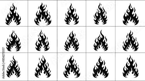 Collection of fifteen black flame icons on white background