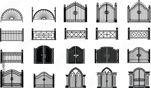 Decorative metal gate and fence collection, wrought iron entrance designs, classic and modern styles, black silhouette vector illustration set