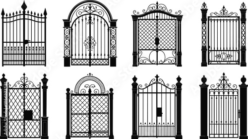 Elegant wrought iron gate silhouettes set, decorative garden entrance doors, classic metal fence designs, luxury architectural elements, black vector illustration collection