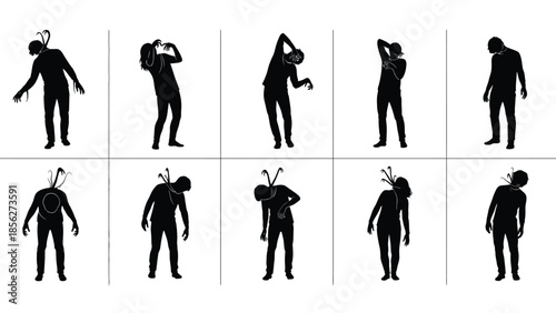 Human silhouettes with insect heads in various poses