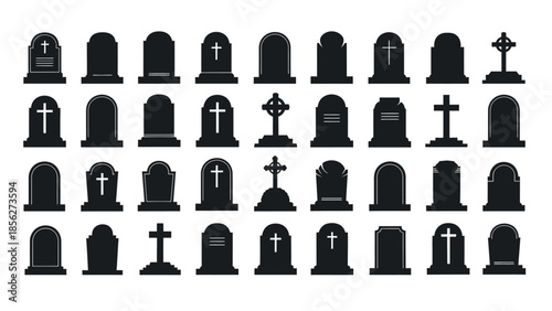 Collection of tombstones and crosses icons in black