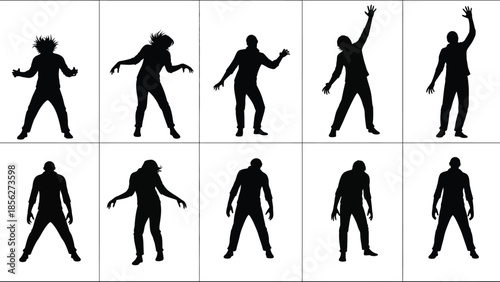 Collection of dancing men silhouettes on white background
